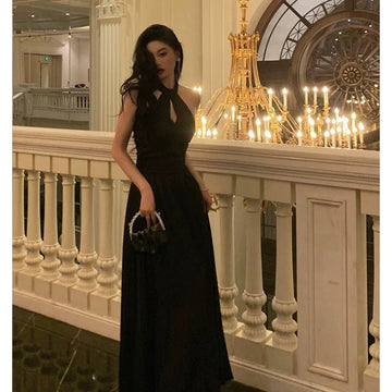 A Line Halter Sleeveless Black Prom Dresses Birthday Outfits SD711